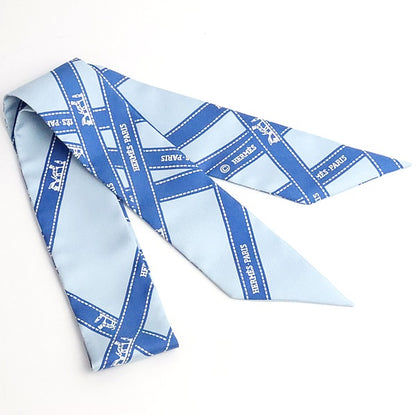 HERMES Twilly Bolduc Pattern Silk Scarf Blue Size ONE SIZE