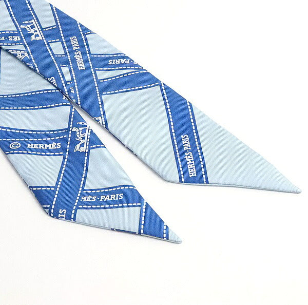 HERMES Twilly Bolduc Pattern Silk Scarf Blue Size ONE SIZE