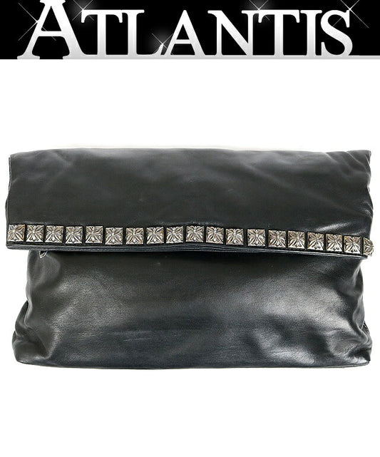 CHROME HEARTS Pyramid Studs Leather Clutch Bag Size Black