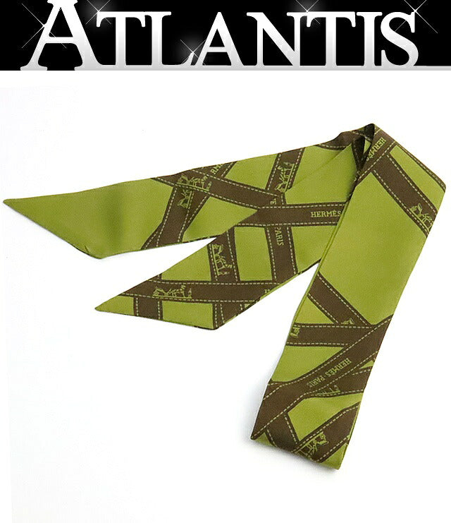 HERMES Twilly Bolduc Pattern Silk Scarf Green Size ONE SIZE