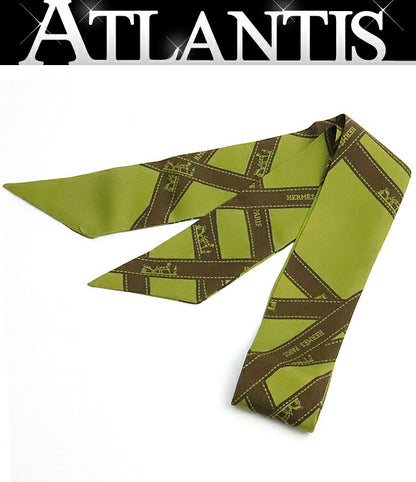 HERMES Twilly Bolduc Pattern Silk Scarf Green Size ONE SIZE
