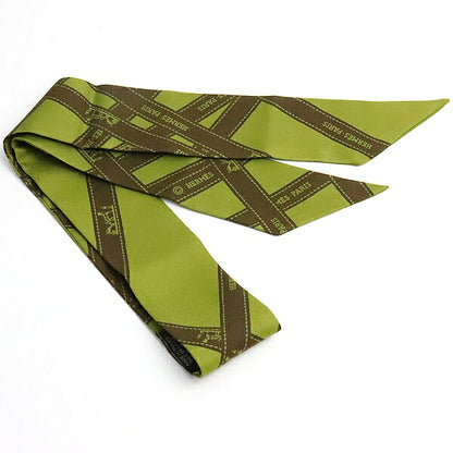 HERMES Twilly Bolduc Pattern Silk Scarf Green Size ONE SIZE
