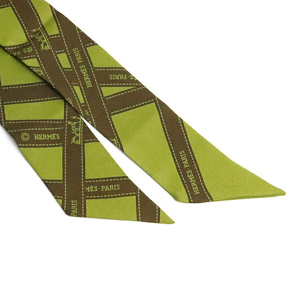 HERMES Twilly Bolduc Pattern Silk Scarf Green Size ONE SIZE