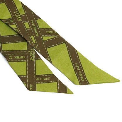 HERMES Twilly Bolduc Pattern Silk Scarf Green Size ONE SIZE