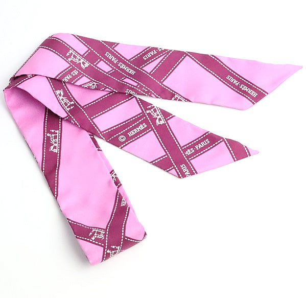 HERMES Twilly Bolduc Pattern Silk Scarf Pink Size ONE SIZE