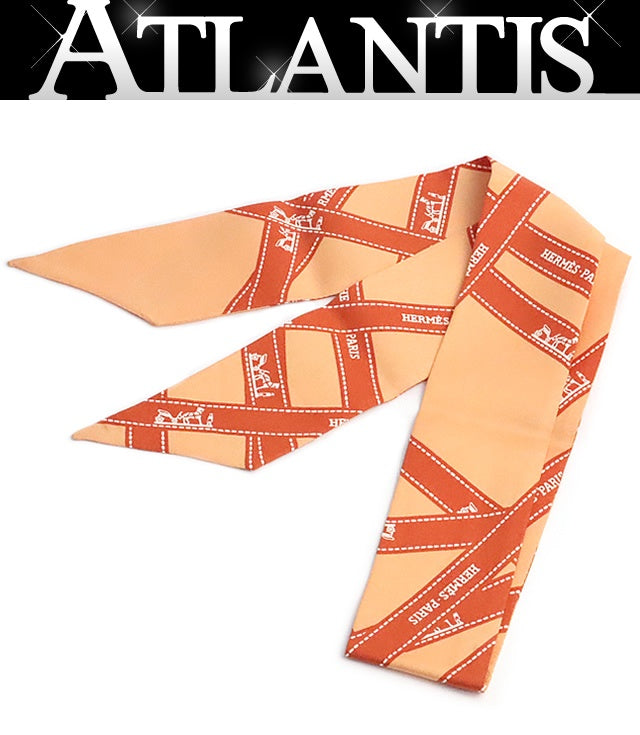 HERMES Twilly Bolduc Pattern Silk Scarf Orange Size ONE SIZE