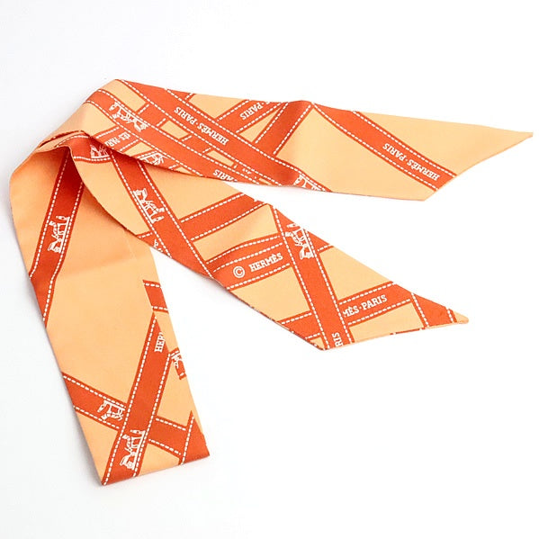 HERMES Twilly Bolduc Pattern Silk Scarf Orange Size ONE SIZE