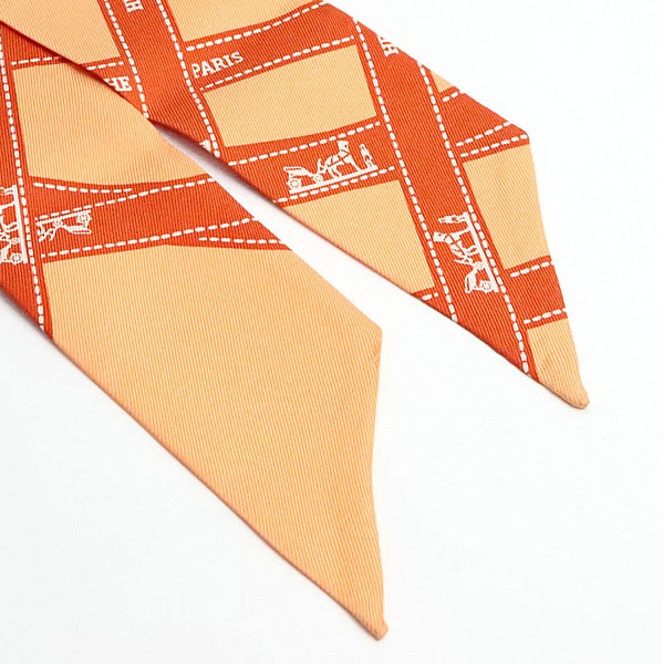HERMES Twilly Bolduc Pattern Silk Scarf Orange Size ONE SIZE