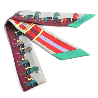 HERMES Twilly Horse Pattern Silk Gray Bordeaux Scarf Size ONE SIZE