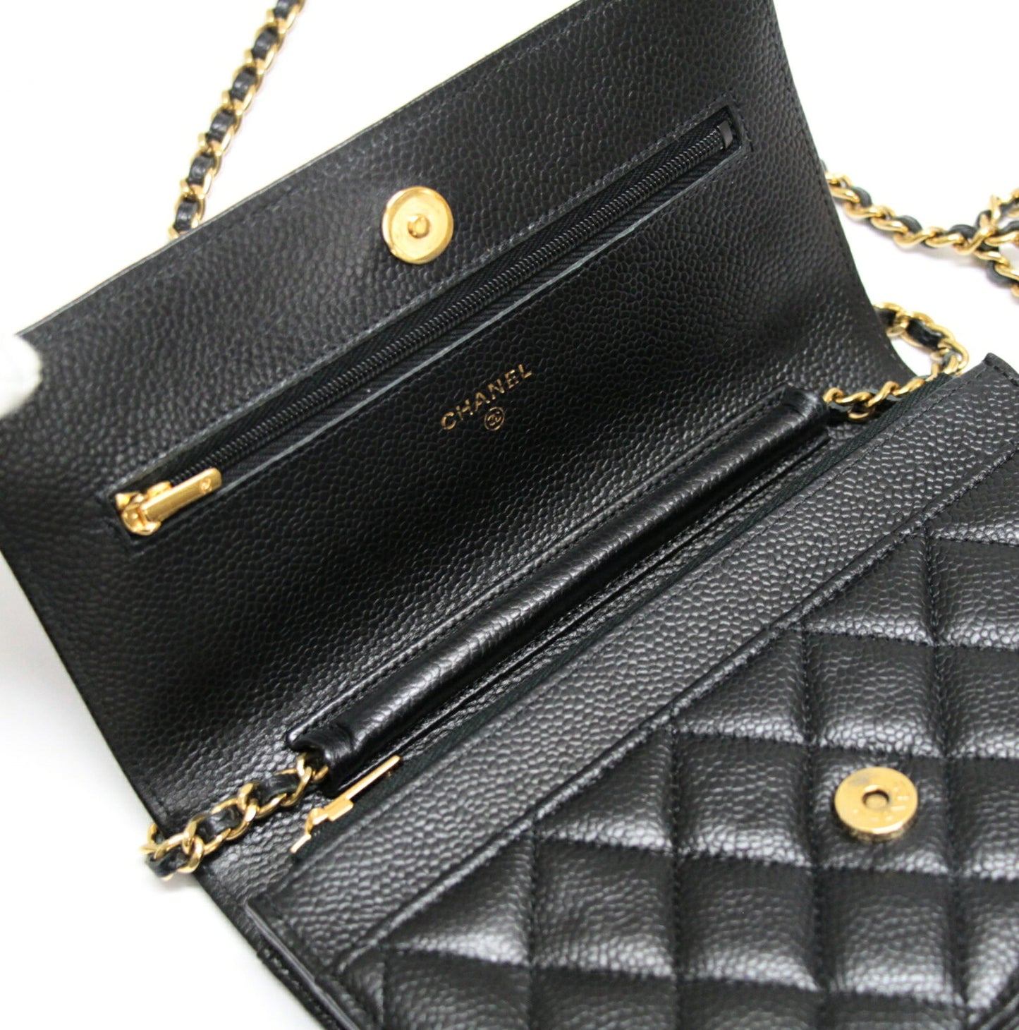 CHANEL Black Caviar Matelasse Chain Wallet GHW Size ONE SIZE