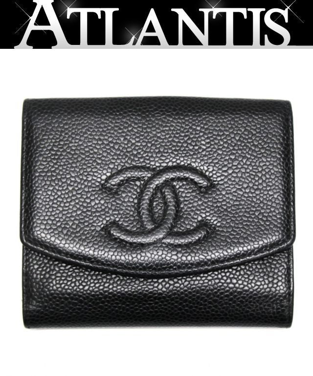 CHANEL Black Caviar CC Logo Tri-Fold Wallet Size ONE SIZE