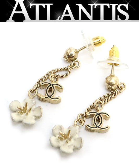 CHANEL Coco Mark Camellia Gold Tone Earrings Size ONE SIZE