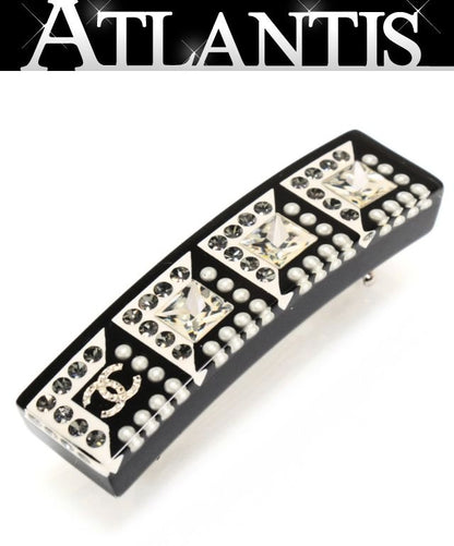 CHANEL 18S Black Rhinestone Pearl CC Logo Barrette