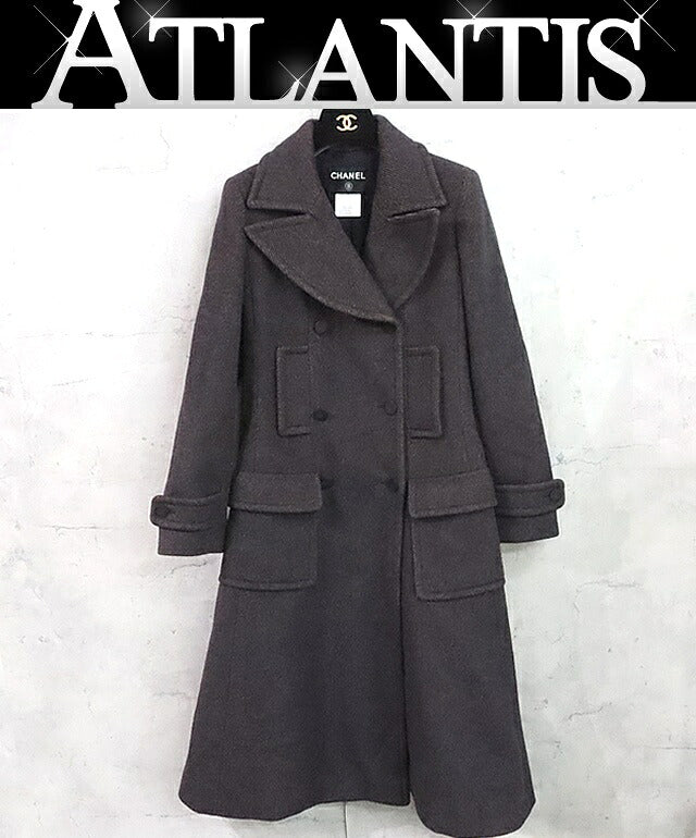 CHANEL Coco Mark Double Breasted Wool Coat Brown Size 36