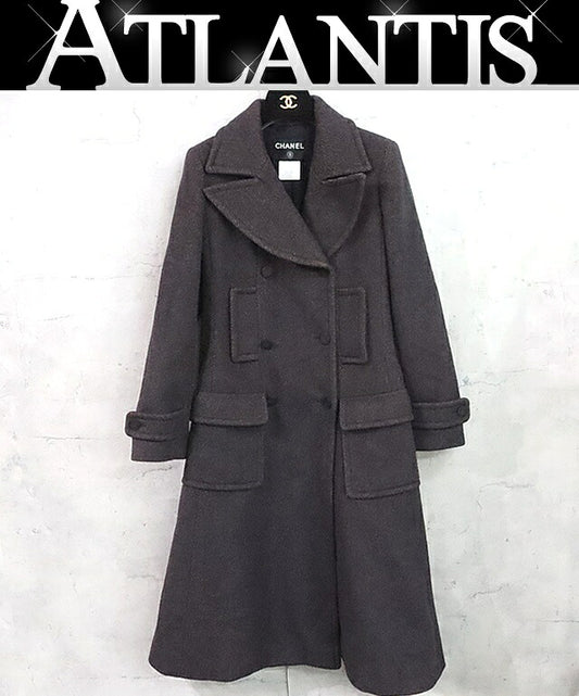 CHANEL Coco Mark Double Breasted Wool Coat Brown Size 36
