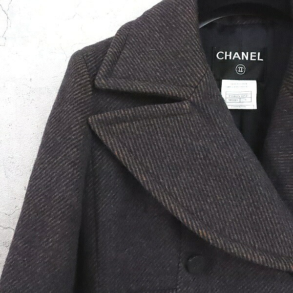 CHANEL Coco Mark Double Breasted Wool Coat Brown Size 36