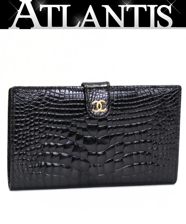 CHANEL Black Crocodile CC Logo Wallet GHW Size ONE SIZE