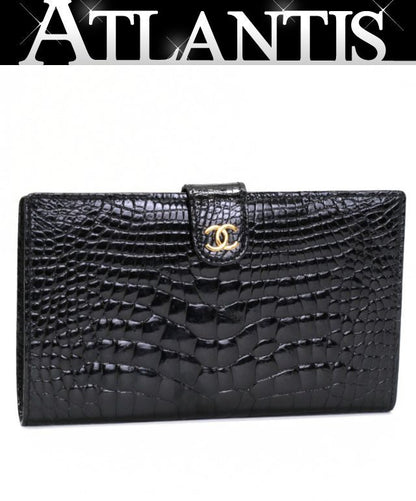 CHANEL Black Crocodile CC Logo Wallet GHW Size ONE SIZE