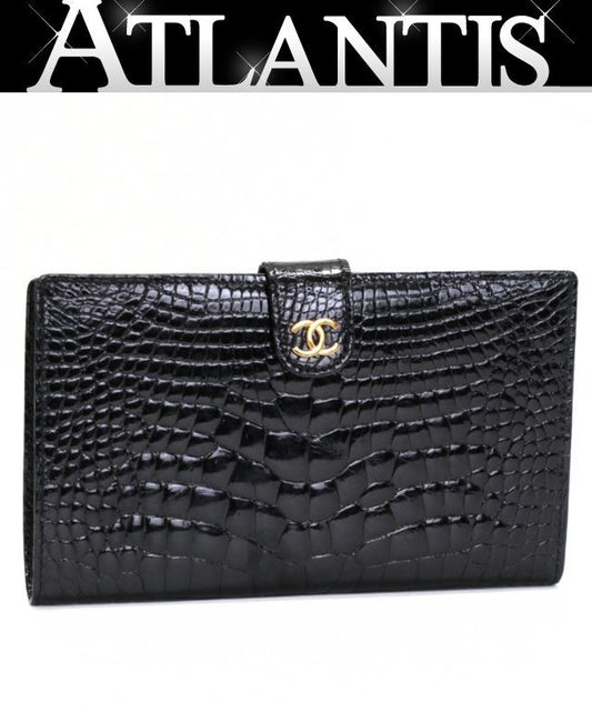 CHANEL Black Crocodile CC Logo Wallet GHW Size ONE SIZE
