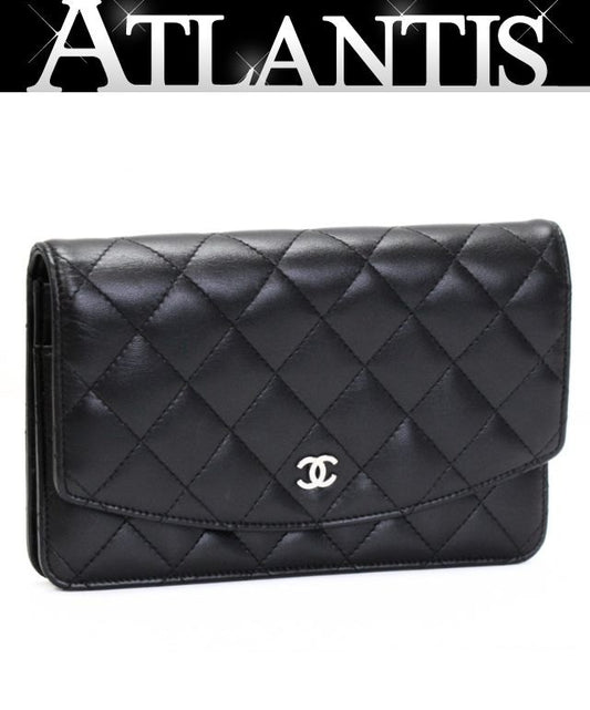 CHANEL Black Lambskin Matelasse Wallet SHW Size ONE SIZE