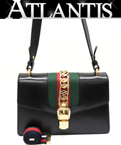 GUCCI Sylvie Leather 2-Way Web Bag Black Size ONE SIZE