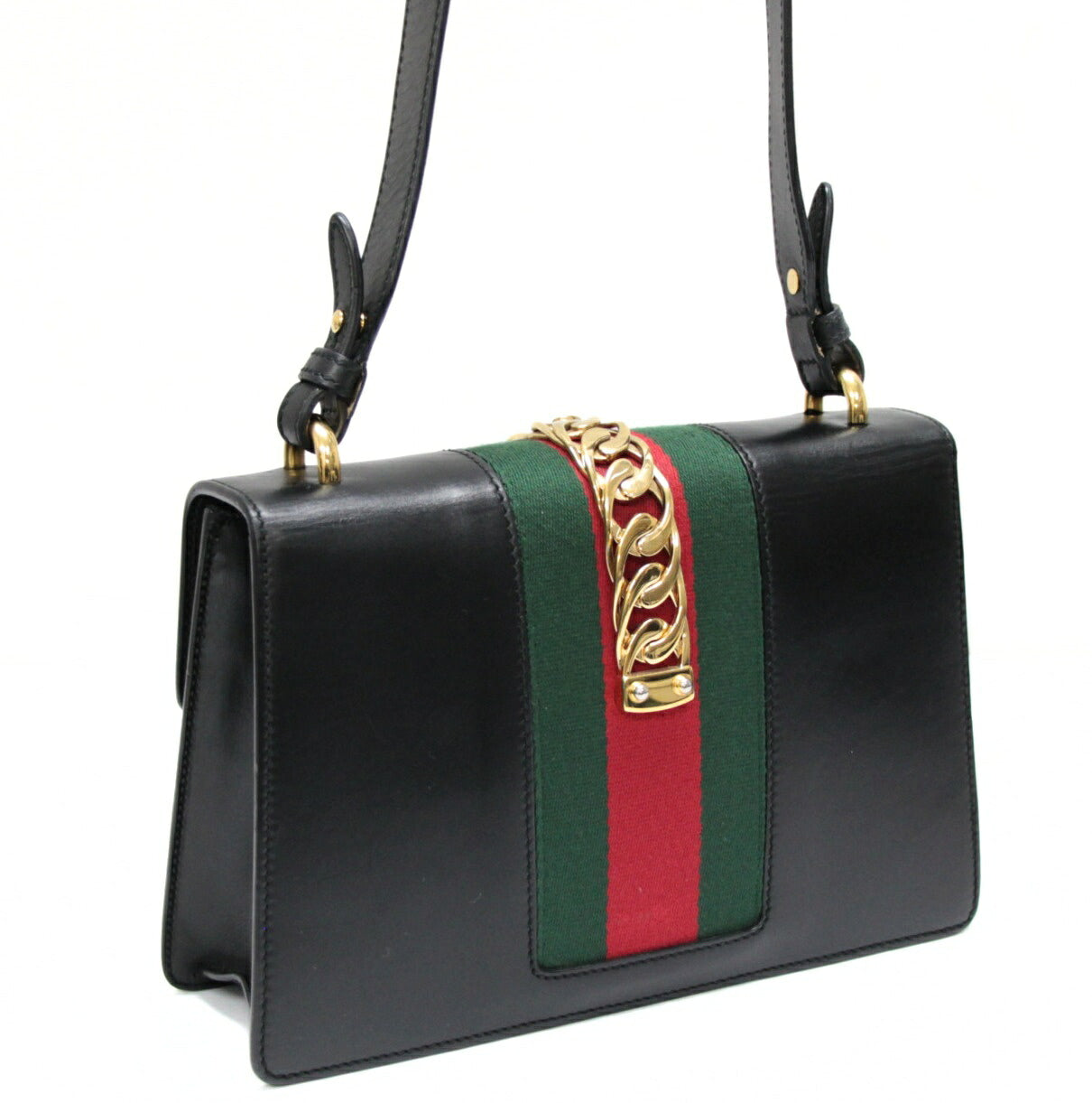 GUCCI Sylvie Leather 2-Way Web Bag Black Size ONE SIZE