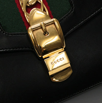 GUCCI Sylvie Leather 2-Way Web Bag Black Size ONE SIZE