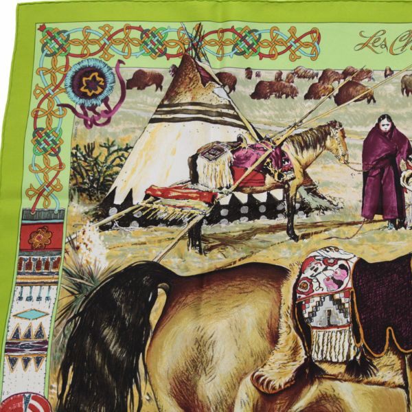 HERMES Carré 90 Les Cheyennes Silk Scarf Green Size ONE SIZE