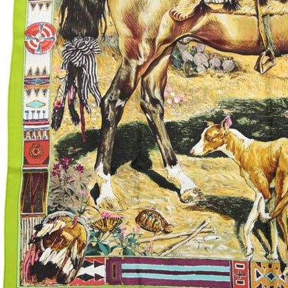HERMES Carré 90 Les Cheyennes Silk Scarf Green Size ONE SIZE