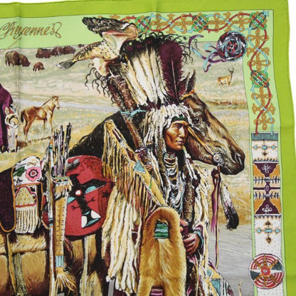 HERMES Carré 90 Les Cheyennes Silk Scarf Green Size ONE SIZE