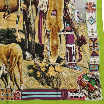 HERMES Carré 90 Les Cheyennes Silk Scarf Green Size ONE SIZE