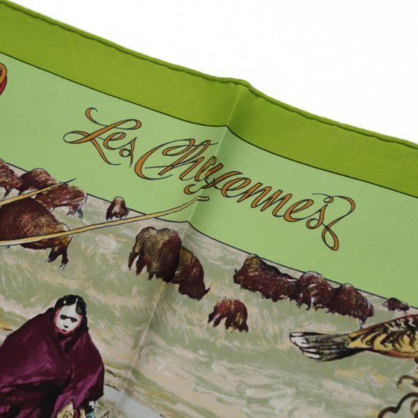 HERMES Carré 90 Les Cheyennes Silk Scarf Green Size ONE SIZE