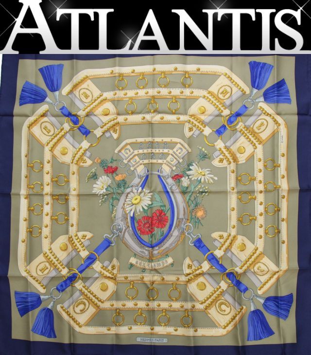HERMES Carre 90 "Aux Champs" Silk Scarf Blue Size ONE SIZE