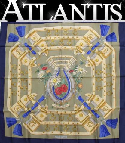 HERMES Carre 90 "Aux Champs" Silk Scarf Blue Size ONE SIZE