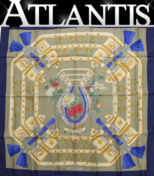 HERMES Carre 90 "Aux Champs" Silk Scarf Blue Size ONE SIZE