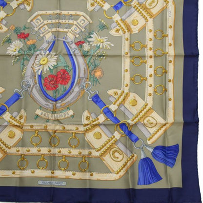 HERMES Carre 90 "Aux Champs" Silk Scarf Blue Size ONE SIZE