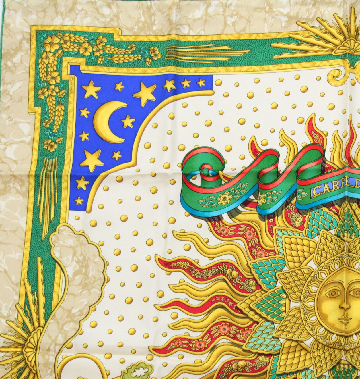 HERMES Carre 90 "Carpe Diem" Silk Scarf Green Size ONE SIZE