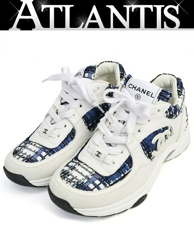 CHANEL Coco Mark Tweed Sneakers White & Blue Size 37