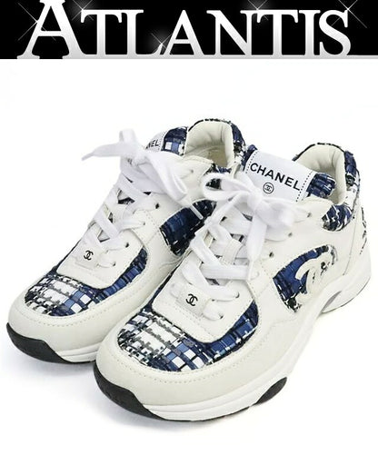 CHANEL Coco Mark Tweed Sneakers White & Blue Size 37