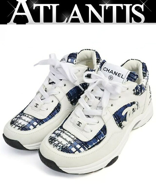 CHANEL Coco Mark Tweed Sneakers White & Blue Size 37