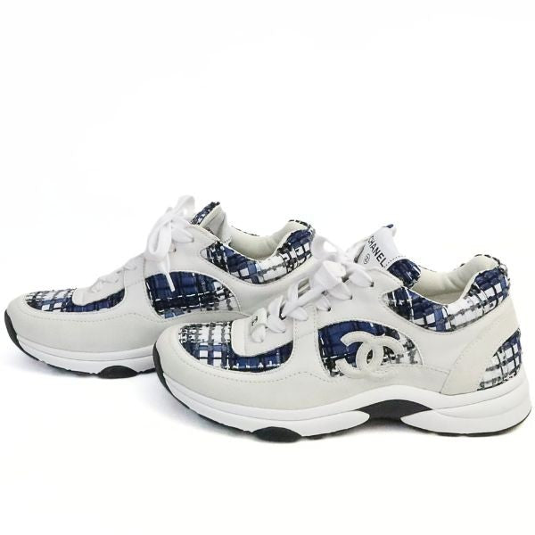 CHANEL Coco Mark Tweed Sneakers White & Blue Size 37