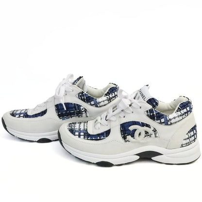 CHANEL Coco Mark Tweed Sneakers White & Blue Size 37