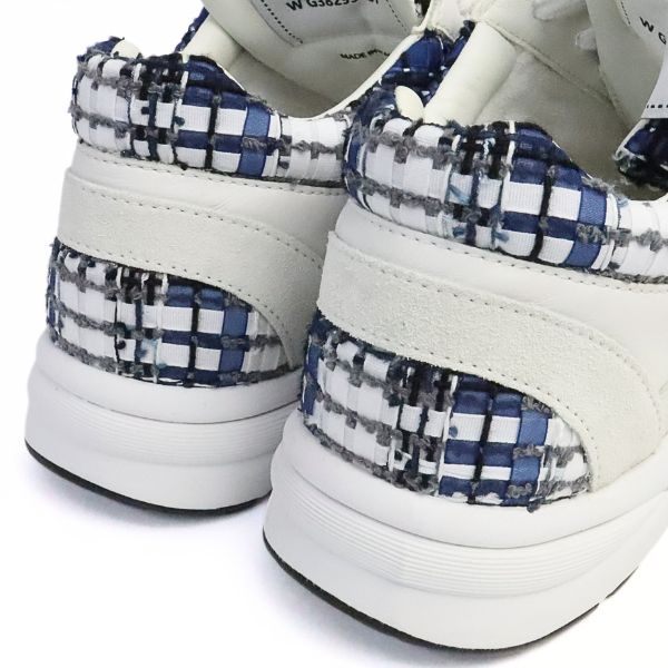 CHANEL Coco Mark Tweed Sneakers White & Blue Size 37