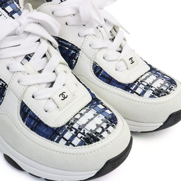 CHANEL Coco Mark Tweed Sneakers White & Blue Size 37