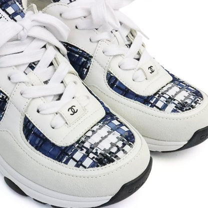 CHANEL Coco Mark Tweed Sneakers White & Blue Size 37