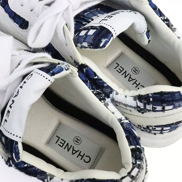 CHANEL Coco Mark Tweed Sneakers White & Blue Size 37