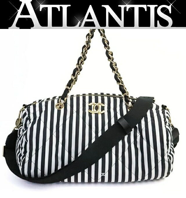 CHANEL Coco Beach Bowling Stripe Nylon & Black Bag Size ONE SIZE