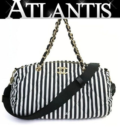 CHANEL Coco Beach Bowling Stripe Nylon & Black Bag Size ONE SIZE