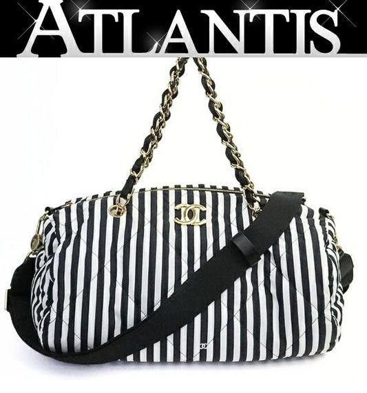 CHANEL Coco Beach Bowling Stripe Nylon & Black Bag Size ONE SIZE