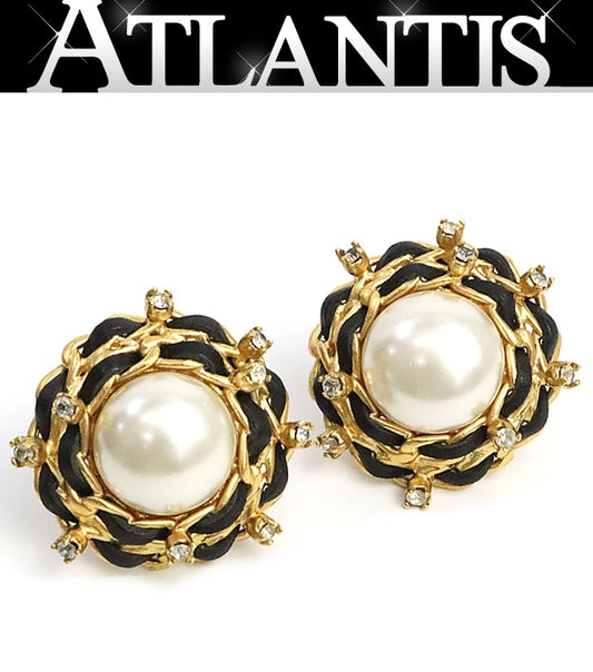 CHANEL Vintage Rhinestone Pearl Black Gold Earrings
